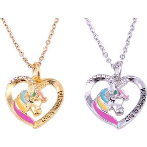 Cartoon Unicorn Necklace Unicorn Heart Pendant Necklaces For Girls Kids Enamel Cute Horse Jewelry Accessories Lover Gifts