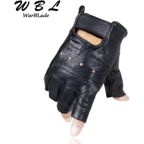 Men Genuine Leather Gloves High Quality Slip-resistant Luvas Half Finger Sheep Leather Fingerless Gloves gants moto WARBLADE