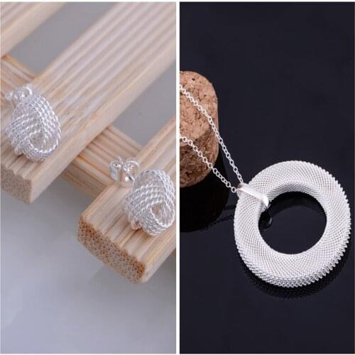 2016 New Arrival Sterling-Silver-Jewelry Wholesale silver plated jewelry Silver mesh circle pendant Necklace & Earrings Set