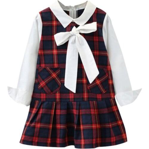 Autumn Casual Children Baby Girls Dress Cotton Patchwork Plaid Print Long Sleeve Turn-down Collar Dress Kids Toddler Sundress