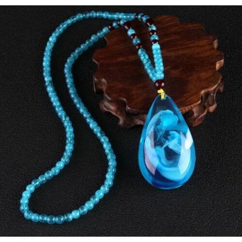 BOEYCJR Ocean blue Imitation beeswax Necklace Long Handmade Jewelry Resin Ethnic Vintage Pendant Necklace for Men or Women