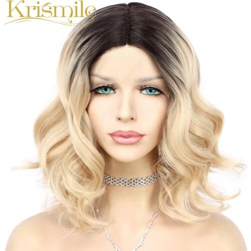 Krismile Ombre Blonde Synthetic Lace Wigs Short Wave T Part Wig Party Daily for Women Make Up Celebrity Heat Resistant Fiber