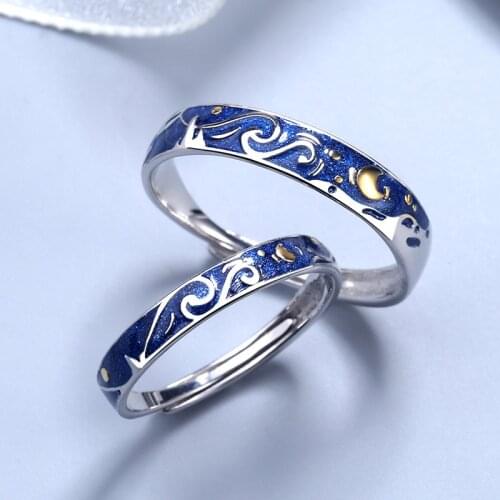 S925 Sterling Silver Moon Star Starry Night Van Gogh Adjustable Open Rings for Women Men Couple Lovers Jewelry Drop Shipping