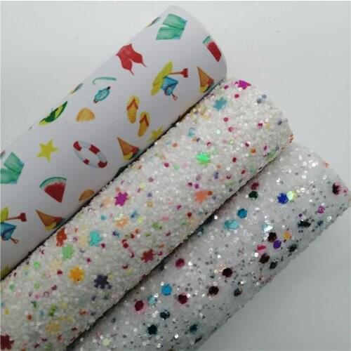 Snowflake Chunky Glitter Leather Fabric Holiday Beach Printed Synthetic Leather with Felt Backing For BOWS DIY 21X29CM G540