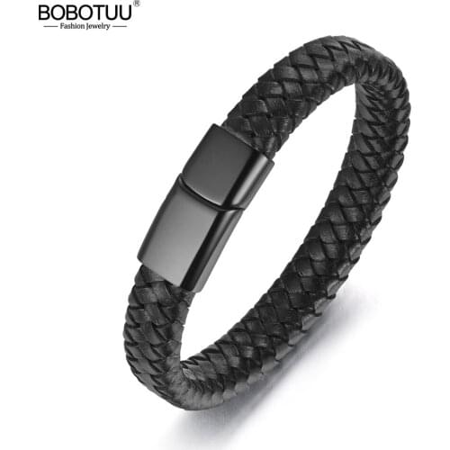 BOBOTUU Vintage Stainless Steel Black Feather Wrap Bracelet For Men Leather Bracelets Bangles Handmade Jewelry WRBR010
