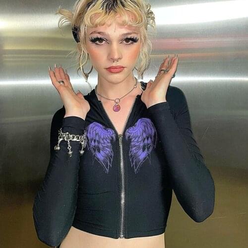 Womens Hoodie Jackets Y2K Gothic Graphic Print Streetwear Vintage Cropped Coats Casual Aesthetic Women Zip Up Hoodies Female