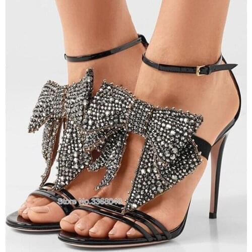 Crystal Butterfly Knot Women Sandals Patent Leather Peep Toe Front Strappy Thin High Heels Buckle Sandals Woman