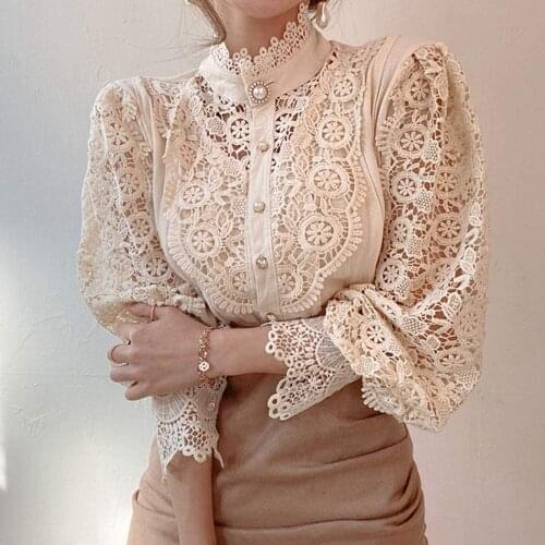 Women Stand Collar Lace Patchwork Shirts Casual Hollow Out Flower Petal Sleeve Button Tops