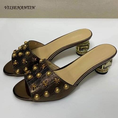 Rivets Studded Women Low Heel Slides Summer Comfortable Leisure Shoes Real Leather 2021 New Arrival Fashionable Sandalias Summer