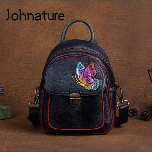 Johnature Vintage Embossed Cowhide Shoulder Bag Women Backpack 2021 New Versatile Leisure Multi Purpose Small Travel Backpacks