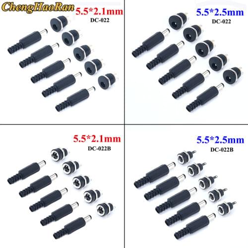 10Pcs(5Pairs) DC Power 5.5x2.1/2.5mm Female Jack Male Plug Jacks Socket Adapter 5.5*2.1/2.5 DC-022B Supply Panel Mount Connector