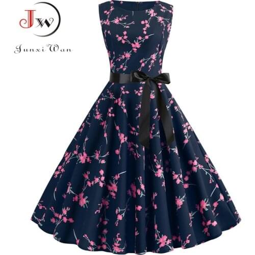 2020 Casual Women Summer Floral Dress Beach Sleeveless Party Midi Dress with Belt Elegant Vintage A Line Dress Plus Size