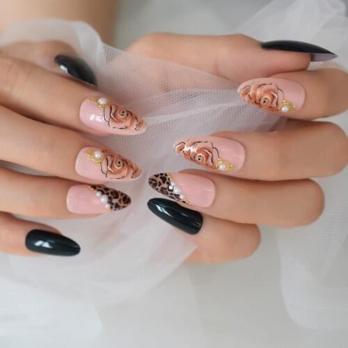 Rose Flower Pattern Nail Tips With Pearl Leopard Original Designs Charms Almond Shape Press On Nail Fake Figernail Tips 24 Pcs