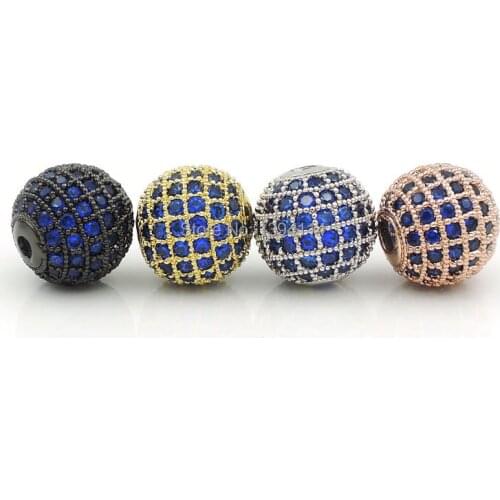 6mm 8mm 10mm 12mm Micro Pave CZ Round Beads, Capri Blue Cubic Zirconia Pave on Copper Ball Bead