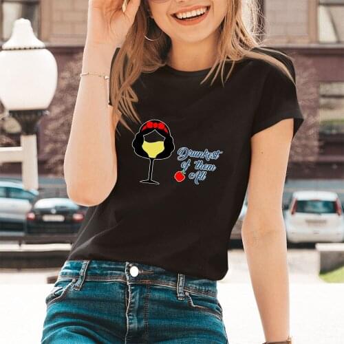 Snow White Drunkest Of Them All Letters Kawaii Disney Women T-shirts Dropship Summer New Products Black White T Shirt Female Top