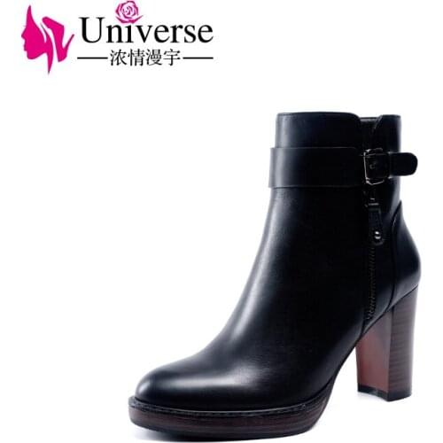 High Heel Cow leather Plus Size 34-41 Ankle Boots Zip Universe Handmade Women Winter Boots Black Warm Shoe H188