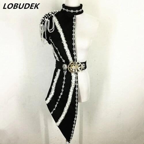 Black Red Pearl Chain Unilateral Cloak Stage Costume Female Singer Jazz Dance Performance Outfit Bar DJ Star Personality Costume