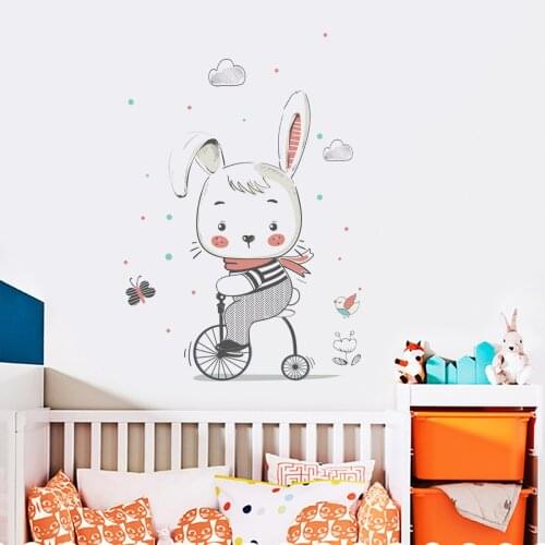 Kids Cartoon Cycling Rabbits Wall Decorative Sticker for Children Room Nursery Mural Decals Fridge Window Stickers Animal Decor