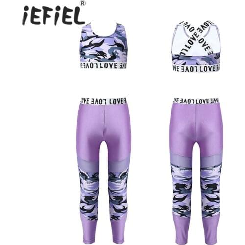 Kids Girls Elastic Sport Suit Letter Print Shoulder Strap Sleeveless Sport Bra Top Tanks Crop with Leggings for Yoga Gym Outfits