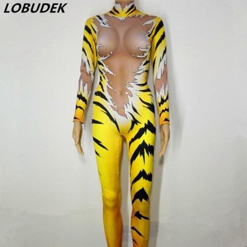 Adult Tiger Pattern Printing Elastic Jumpsuit Female Cosplay Costume Role Performance Clothes Nightclub Pole Dancing Stage Wear