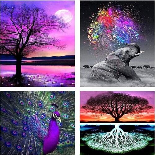 2 Sets(8 PCS) 5D DIY Diamond Painting Kit for Adults Full Drill Embroidery Arts Crafts Home Wall Decor Peacock Elephant Trees XB