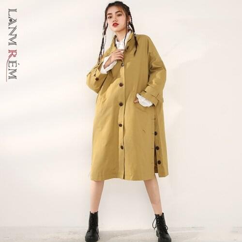 LANMREM Womens Side Buton Split d Trench Coat Single Breasted Long Sleeve Windbreaker For Famale 2021 Autumn New YE591