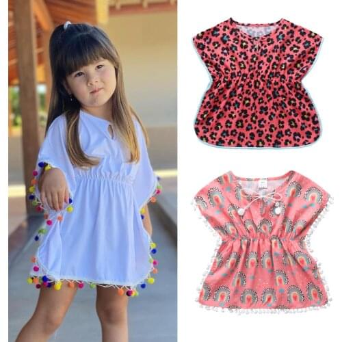 FOCUSNORM 0-5Y Summer Kids Girls Beach Dress Swimwear Rainbow Leopard Printed Tassel Elastic Mini Dress 5 Style