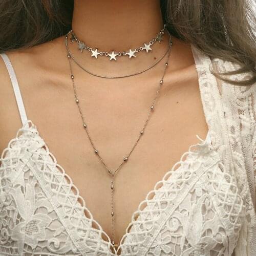 Hot Selling Multilayer Gold/Silver Color Statement Necklace Women High Quality Star Pendant Necklace Choker Necklaces
