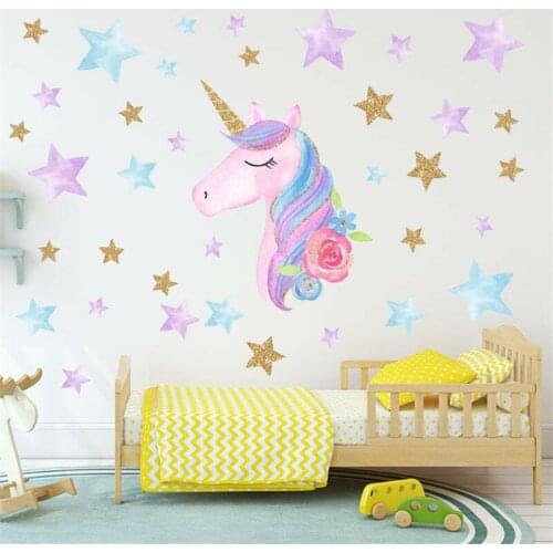 Cartoon Rainbow Unicorn Wall Sticker Girls Bedroom Wall Decal Art Nursery Home Decor for Kids Room Kindergarten Wall Stickers