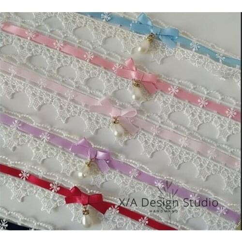 Sweet Lolita Lace Pearl Pendant Bownot Choker Harajuku Cute Ribbon Chain Women Necklace D244