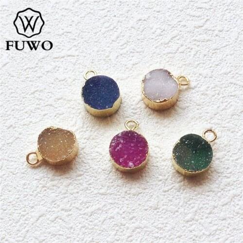 FUWO 8mm Natural Druzy Pendant With 24K Gold Color Plated Raw Quartz Crystal Cluster Jewelry Accessories Wholesale PD147