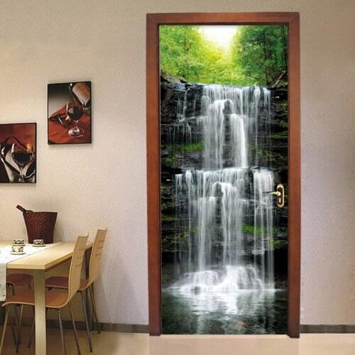 PVC Self-Adhesive Waterproof Door Sticker Chinese Style 3D Stereo Nature Landscape Waterfalls Wallpaper Living Room Door Decals