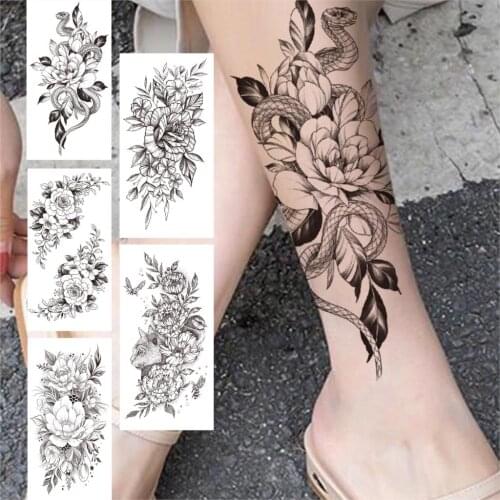 Realistic Snake Flower Temporary Tattoos For Women Girls Black Peony Anemone Orchid Rose Tattoo Sticker Fake Self Adhesive Tatoo