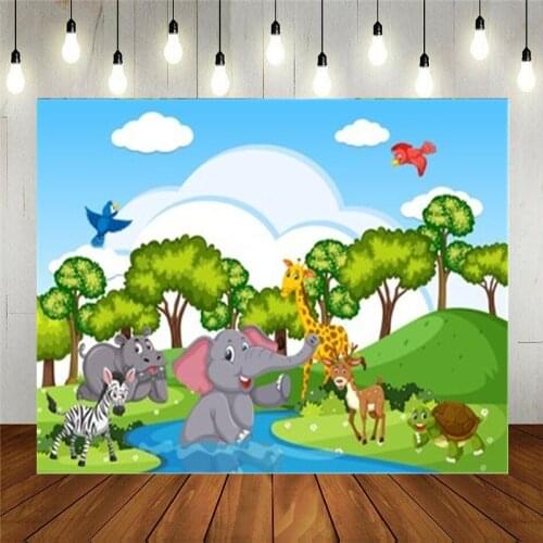 Photo Studio Props Photography Backdrop Wild Animals Living Near River Cartoon Vinyl Background Kids Birthday Party Decoration