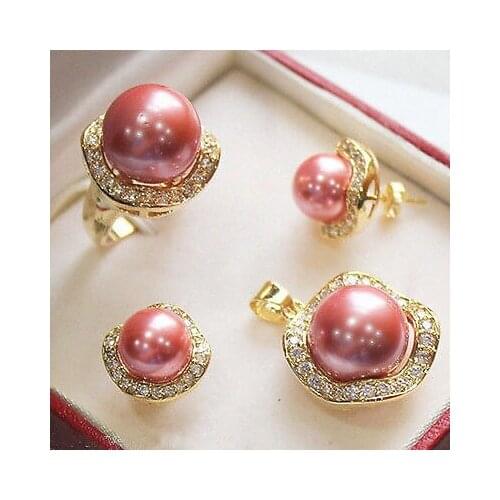 Pink shell Pearl Jewelry Necklace Earring Ring Set + Free chain>>new - watch wholesale Quartz stone CZ crystal