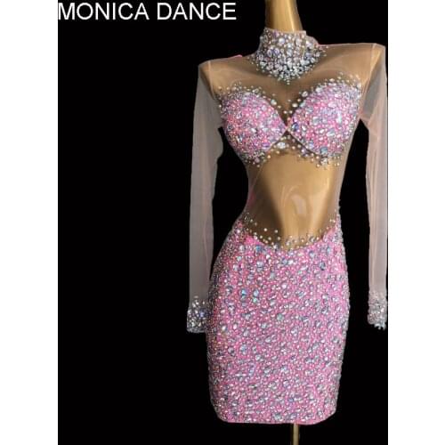 Sexy Stage Sparkly AB Rhinestones Pink Blue Transparent Dress Women Birthday Celebrate See Through Stones Outfit Dancer Dress