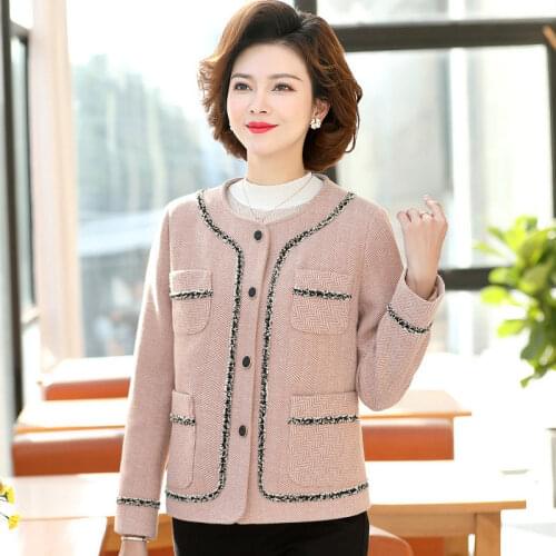 Fashion Woolen Coat Female Cardigan Middle-aged Women Knitted Tweed Suit Jacket Plus Size 5XL Office Ladies Outerwear KN041