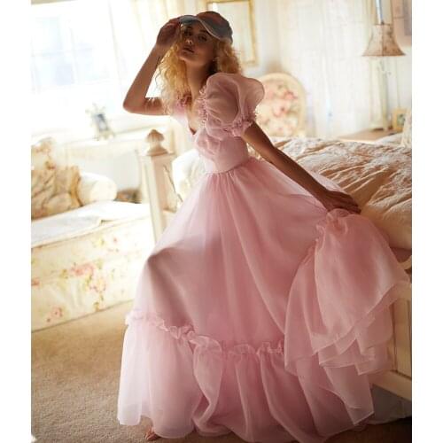 Pink Princess Evening Dresses 2021 Girl Puffy Sleeve Floor-Length Organza Cute Prom Gowns Custom Plus Size vestidos de fiesta