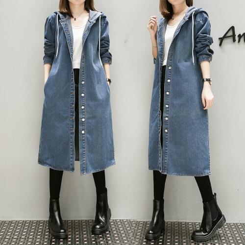2021 Spring Autumn New Korean Fashion Single-breasted Long Denim Windbreaker Ladies Loose Plus Size Jeans Cardigan Jackets e029