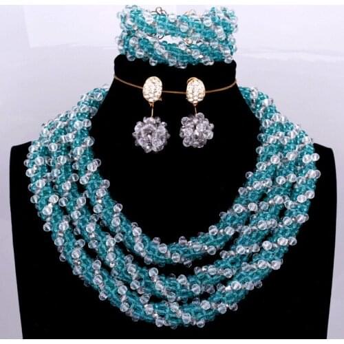 Crystal Bridal Jewelry Sets Teal Green and Transparent White Indian Dubai Jewelry Sets 3 Pics African Bracelet Necklace Earring
