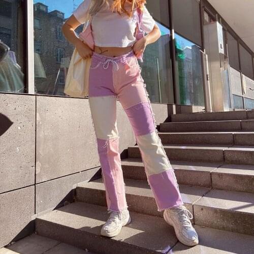 Echoine Women Cool Street Patchwork Contrast Color Retro Burrs High Waist Long Pencil Pants Jeans Straight Sweatpants Pantacourt
