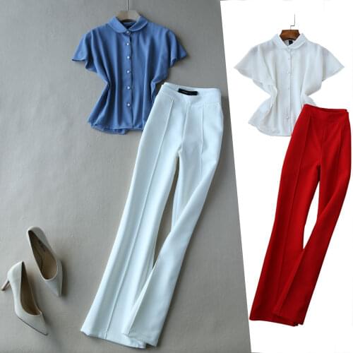 Fashion Korean Style Women Clothing Set Chic Batwing Sleeve Chiffon Top + High Waist Bell Pants Suit Trousers