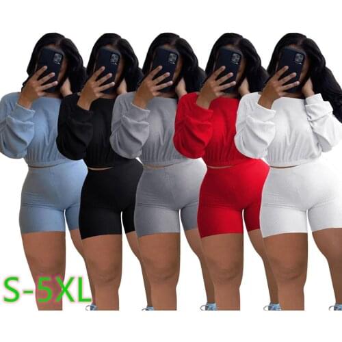Women Long Sleeve Round Collar Crop Top and High Waist Skinny Shorts Casual Slim 2 Pieces Sporty Outfits