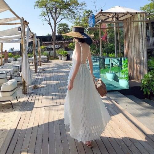 Cotton High Waist Backless Dress for Women 2021 Summer Bohemian Tassel V-Neck Spaghetti Strap Fashion Casual Sexy Dresses