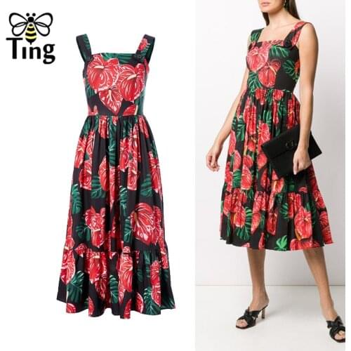 Tingfly Runway Sicilian Red Flower Summer Dress Women Spaghetti Strap Button Backless Boho Beach Dress Female Midi Dress Elbise