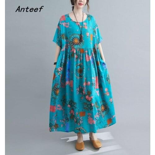 Short sleeve plus size cotton vintage floral dresses for women casual loose long summer dress elegant clothes 2021 sundress