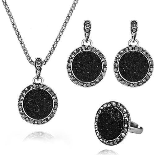 4Pc/Sets Wholesale Vintage Black Jewelry Set Fashion Women Jewelry Set Antique Silver Color Crystal Round Stone Pendant Necklace