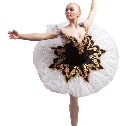 Women Classical Platter Ballet Tutu,Black Bodice White Skirt,Girls Ballerina Professional Concert Competition Stage Costumes