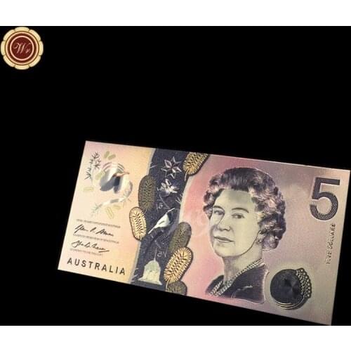 WR 2016 New Gold Note Colorful Australia Metal Gold Foil Banknote 5 AUD In 3D Design Replica Currency Bill Promotion Gift
