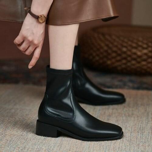 Black Brown Womens Shoes Comfort Low Heel Ankle Boots Fashion Zipper Retro Short Boots Ladies Square Toe Autumn Winter Shoes